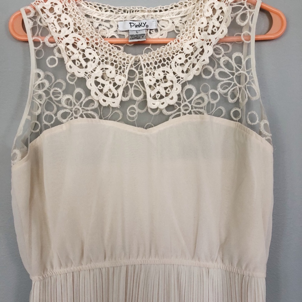Short white dress with sheer lace top